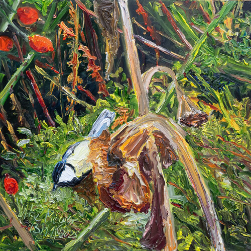 Kohlmeise an der reifen Sonnenblume by Ute Meyer, Painting for Sale on Select