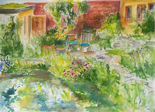 Zwei Stühle im Garten by Ute Meyer, Painting for Sale on Select