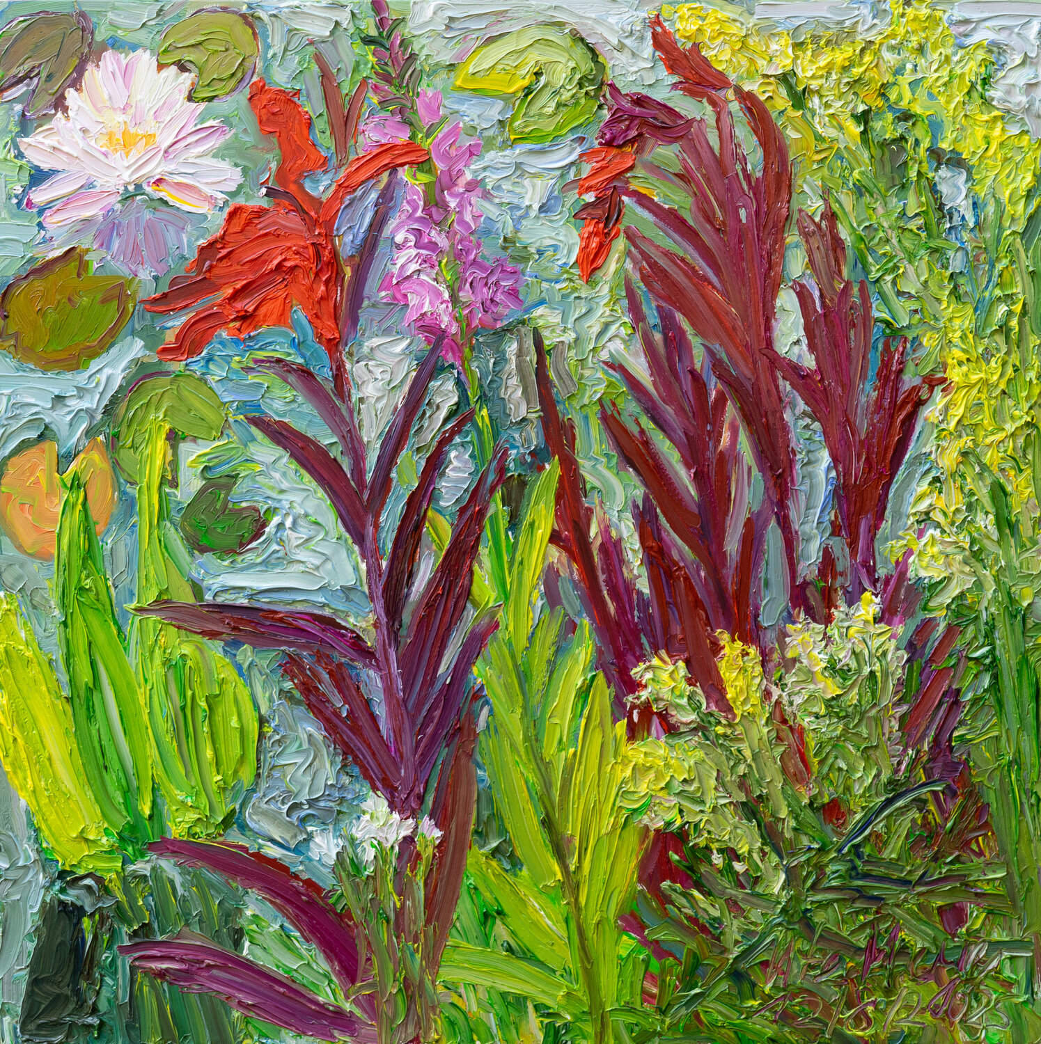 Rote Lobelien mit Weidenröschen am Teich Ute Meyer Original painting for sale