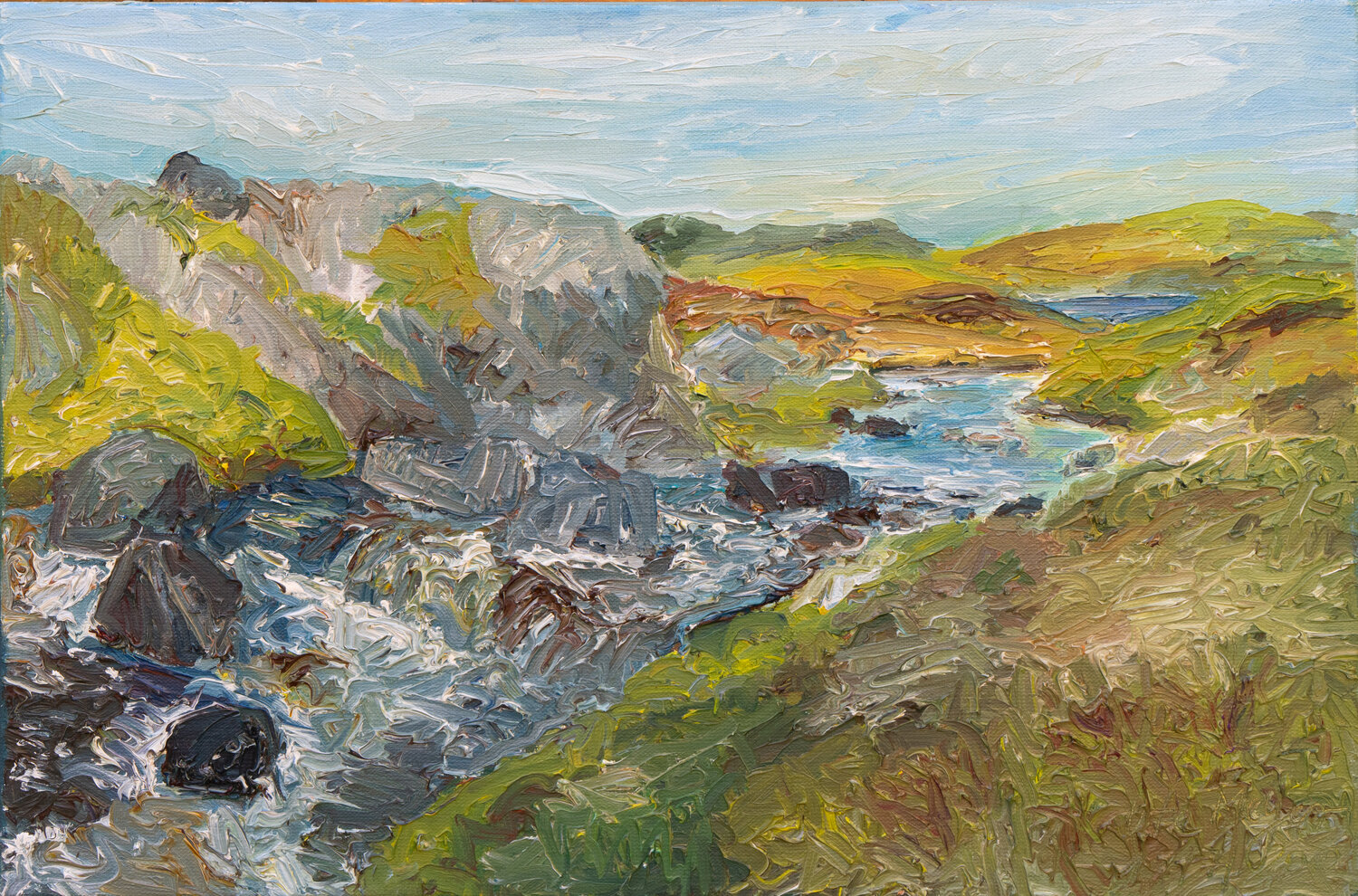 Kraftvoll strömendes Wasser / Loch of Brewster/ Shetland Ute Meyer Original painting for sale