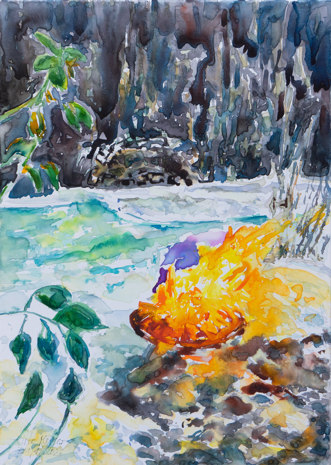 Lagerfeuer im Winter Ute Meyer Original painting for sale