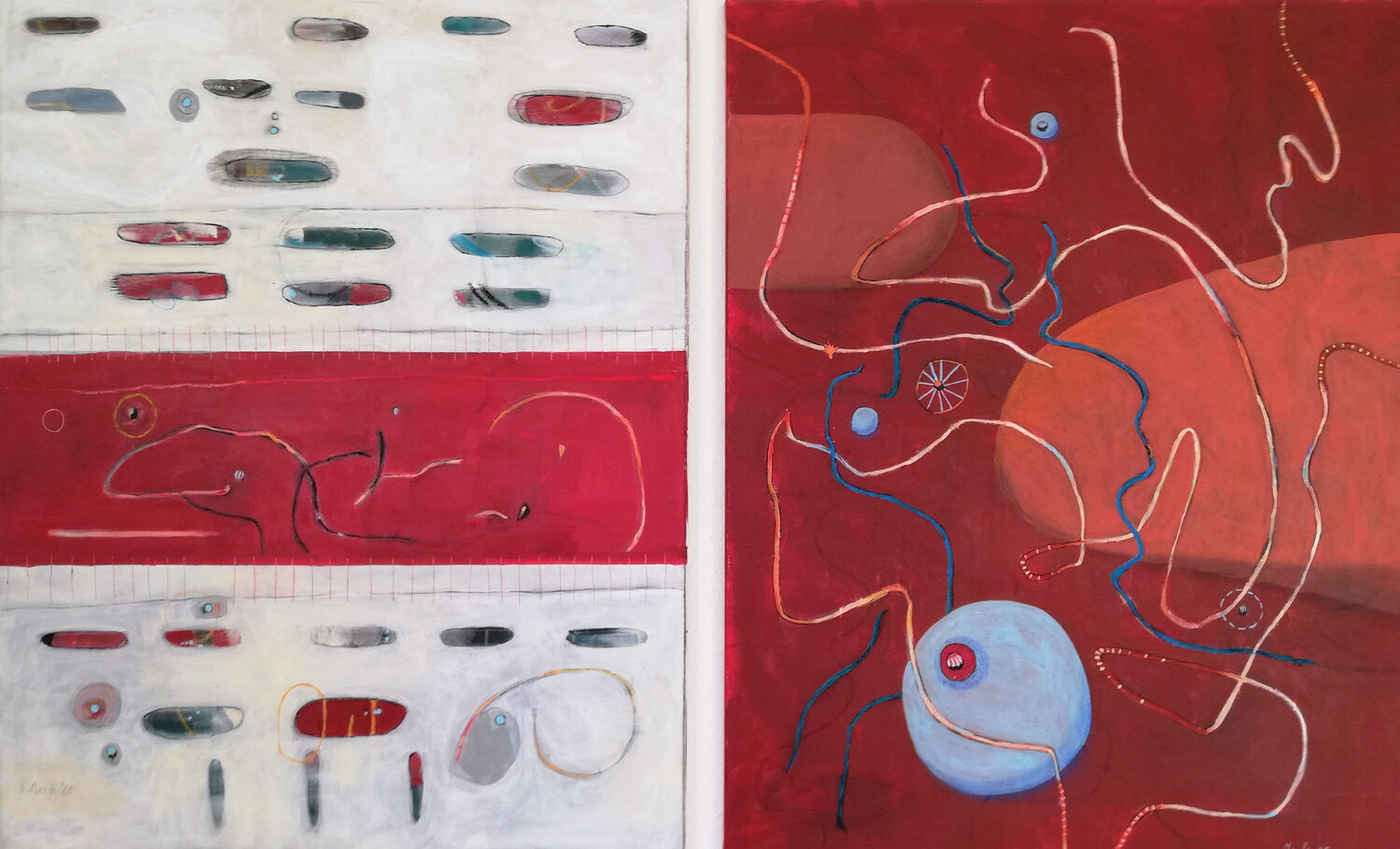 Durchbrochene Horizonte, Kosmische Spurensuche (Diptychon) Evelyn Marschall-Gebhard Original painting for sale