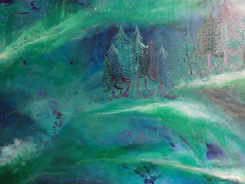 Wald im Universum - Nordlichter der Unendlichkeit by Marina Burgenmeister, Painting for Sale on Select