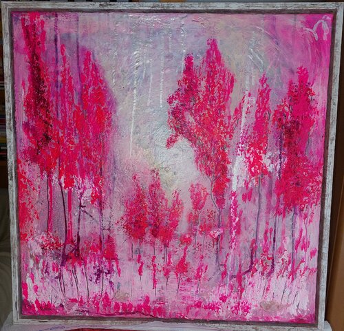 Leuchtender Wald mit Rosenquarz und Bergkristall by Marina Burgenmeister, Painting for Sale on Select