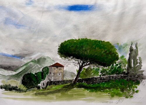 Torre 28 - Templi di Paestum - Reise-Aquarellskizze by Sonja Kalmanfi, Painting for Sale on Select