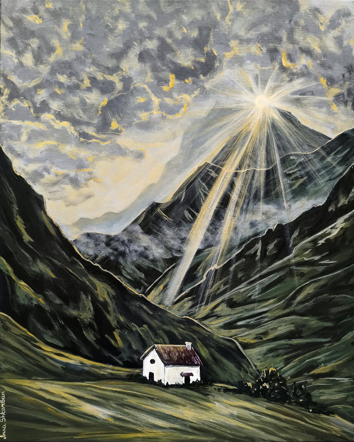 House Beneath the Mountain Light Anna Shkarban Original painting for sale