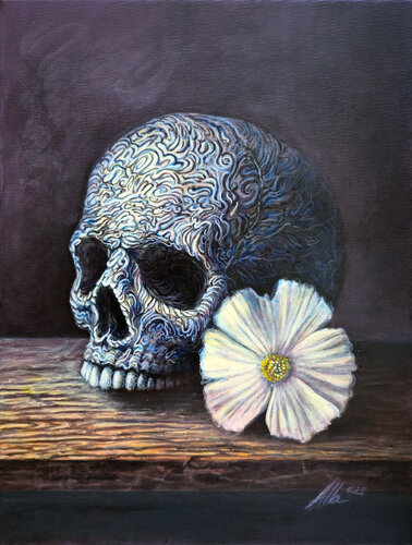 Still Life Crisis – Skull & Bloom by Alla Ostrovsky, Painting for Sale on Select