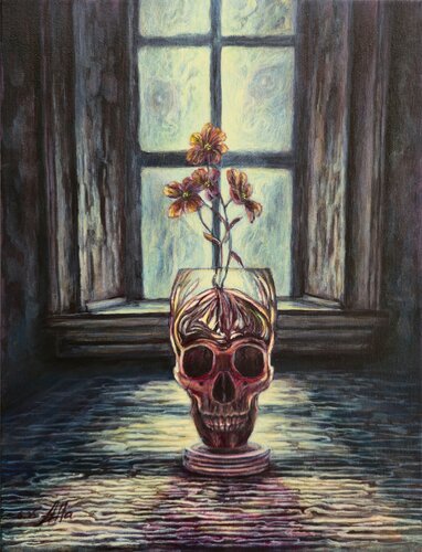 Flower from the Skull and the Invisible Watcher by Alla Ostrovsky, Painting for Sale on Select