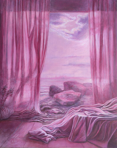 Bedroom Opening to the Sea – Dreamscape in Pink Tones by Alla Ostrovsky, Painting for Sale on Select