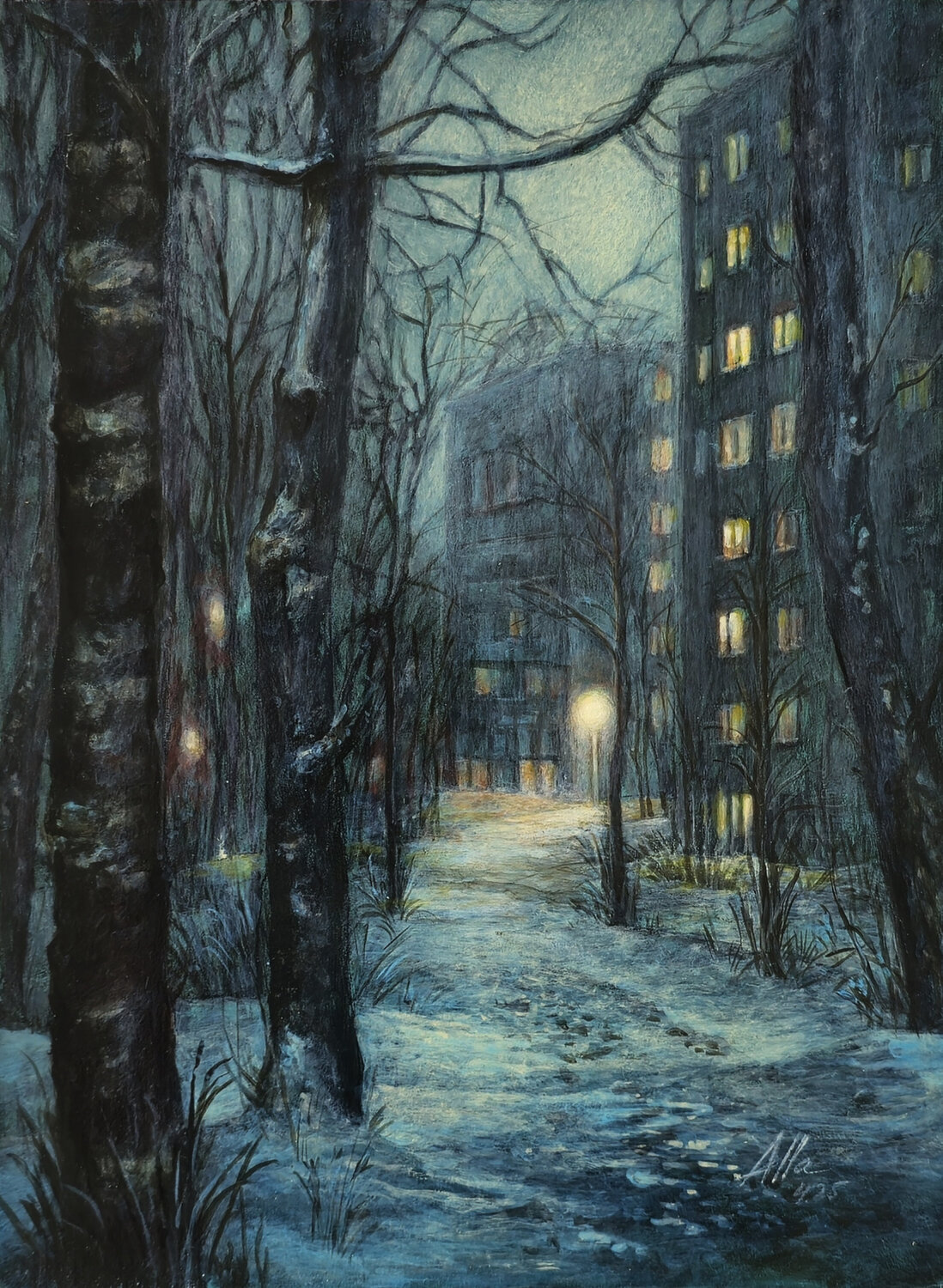 Winter Silence – Snowy City Path at Night Alla Ostrovsky Original painting for sale