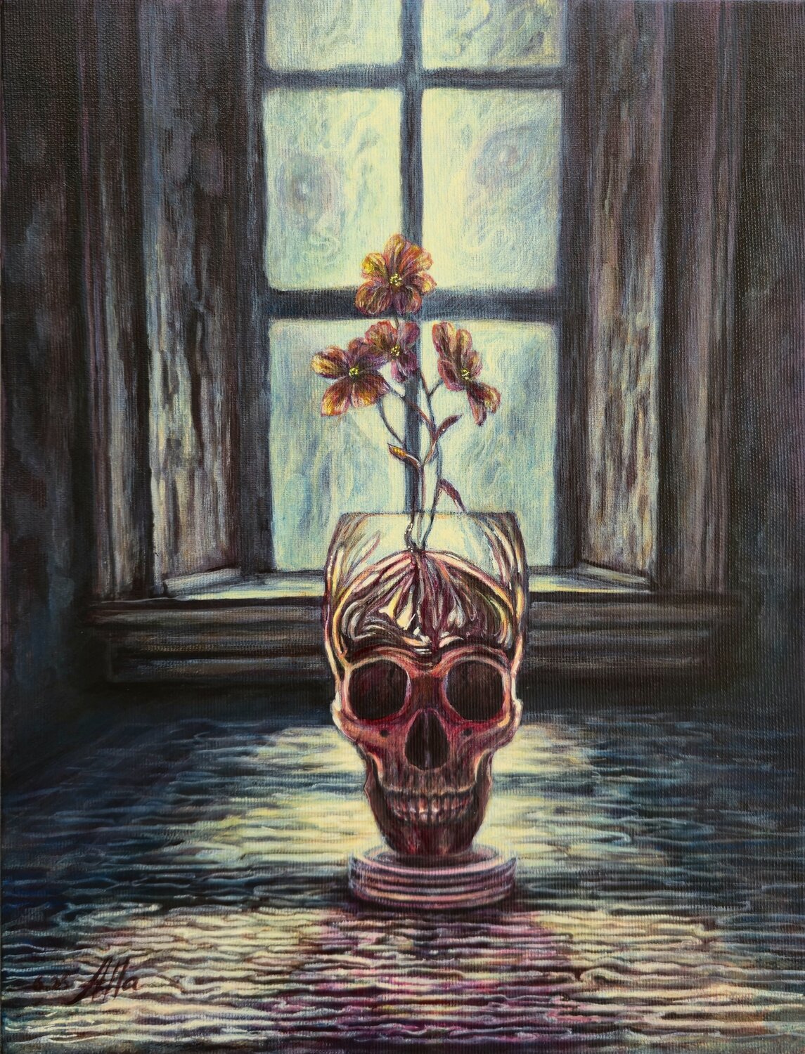 Flower from the Skull and the Invisible Watcher Alla Ostrovsky Original painting for sale