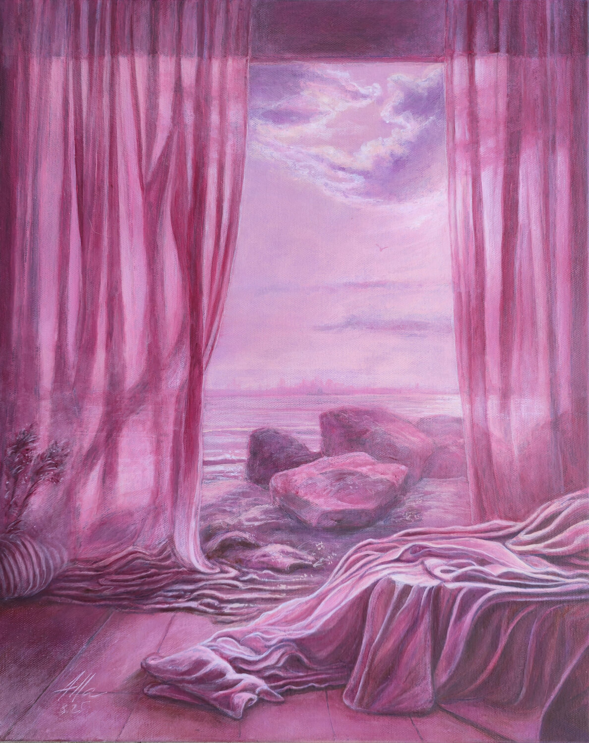Bedroom Opening to the Sea – Dreamscape in Pink Tones Alla Ostrovsky Original painting for sale