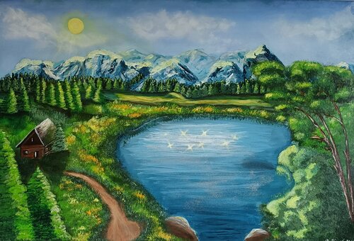 Das einsame Haus am Bergsee by Betty Dienel, Painting for Sale on Select
