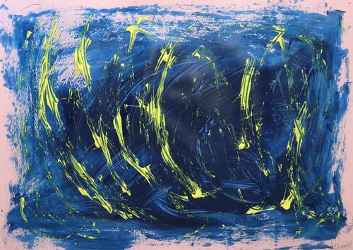 Blue,Pink & Yellow Abstract - Acrylic On Paper by Lhandy, Painting for Sale on Select