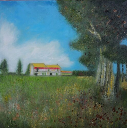 Bauernhaus in einem Weizenfeld, inspiriert von Vincent van Gogh 1888 by Marta Morgen, Painting for Sale on Select