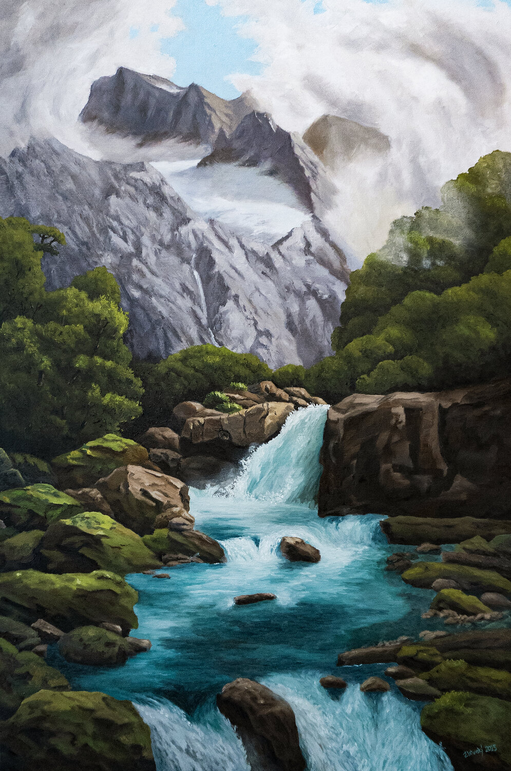 Hidden Mountain Waterfall Pavol Zlatovský Original painting for sale