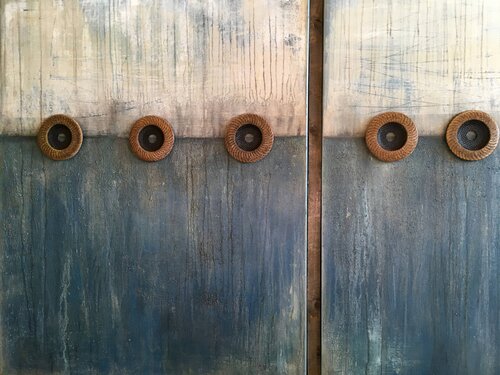 Two Sides of Blue with Spinning Wheels by Birgit Kunkel-Weis, Painting for Sale on Select