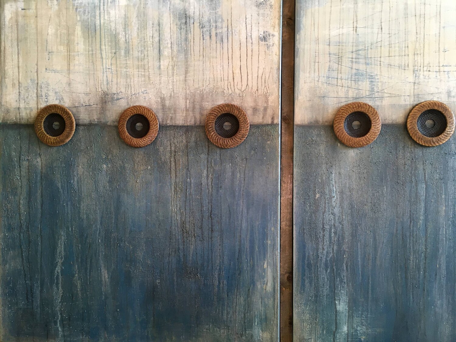 Two Sides of Blue with Spinning Wheels Birgit Kunkel-Weis Original painting for sale