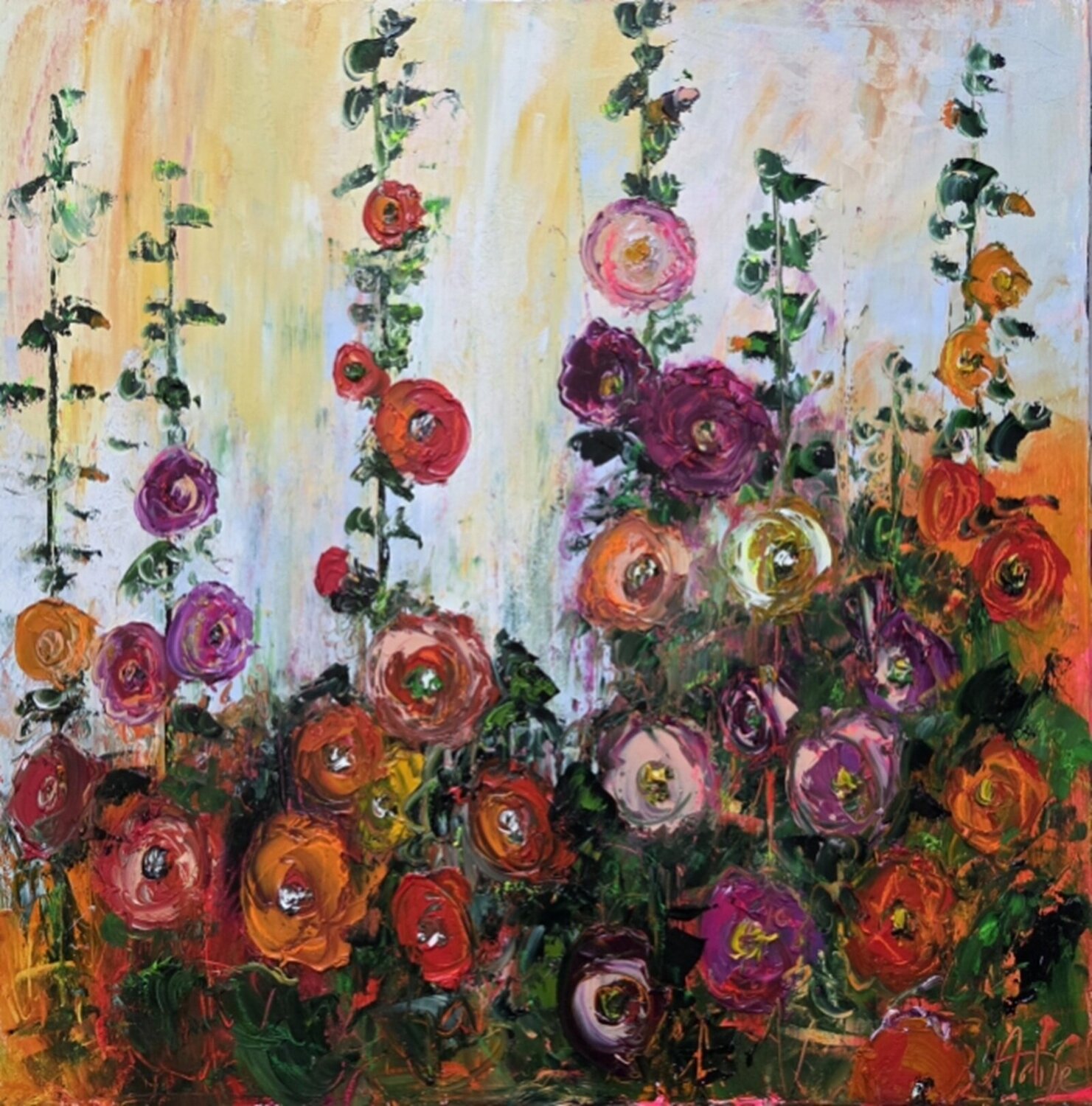 Les Roses tremières Artize Original painting for sale