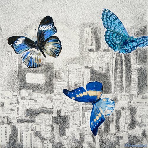 City | Gemälde Graphit, Öl, Acryl auf Leinwand by Uwe Fehrmann, Painting for Sale on Select