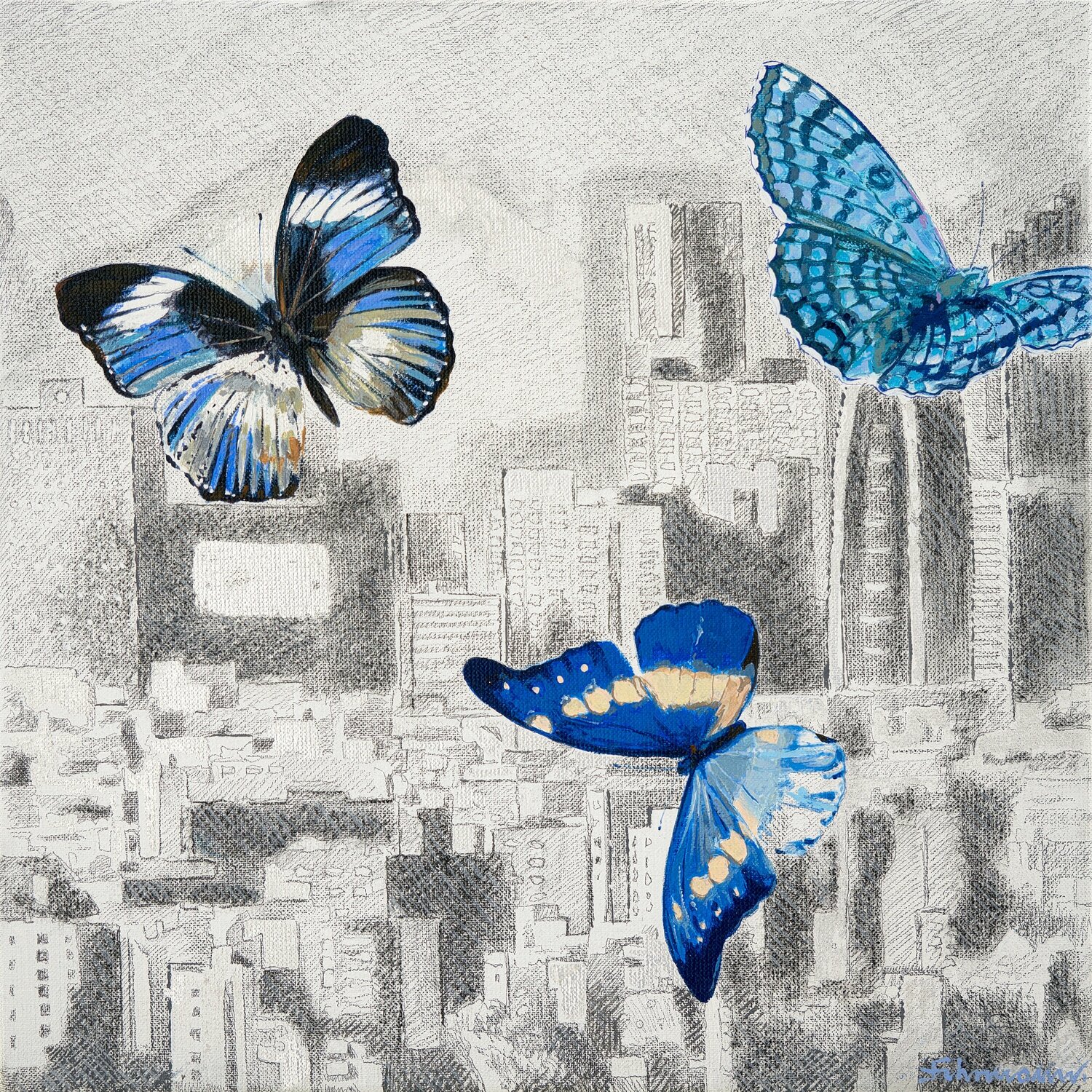 City | Gemälde Graphit, Öl, Acryl auf Leinwand Uwe Fehrmann Original painting for sale