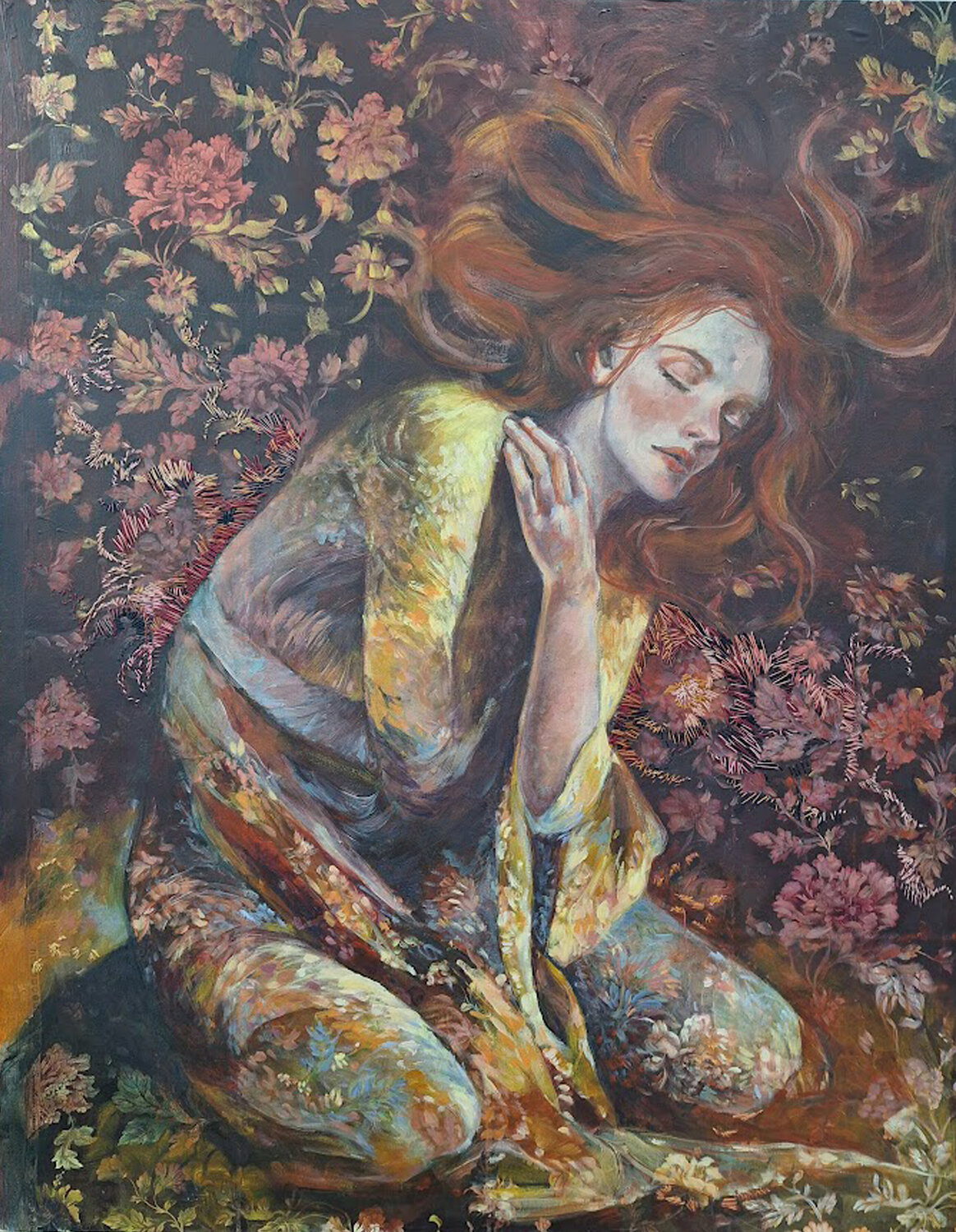 Surrender | Figurative Painting with Embroidery Leonie Brown Original painting for sale