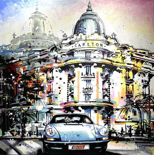Two lovers in a Porsche 911, in front of the Carton hotel in Cannes by Patrick Cornée, Painting for Sale on Select