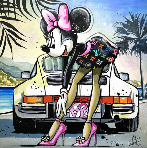 Minnie Mouse habillée en Louis Vuitton devant sa Porsche by Patrick Cornée, Painting for Sale on Select