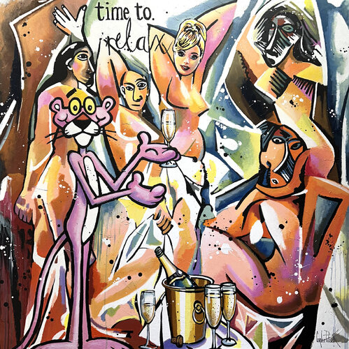 La Panthère rose et Barbie chez les Demoiselles d'Avignon de Picasso, Pop Art pink party by Patrick Cornée, Painting for Sale on Select