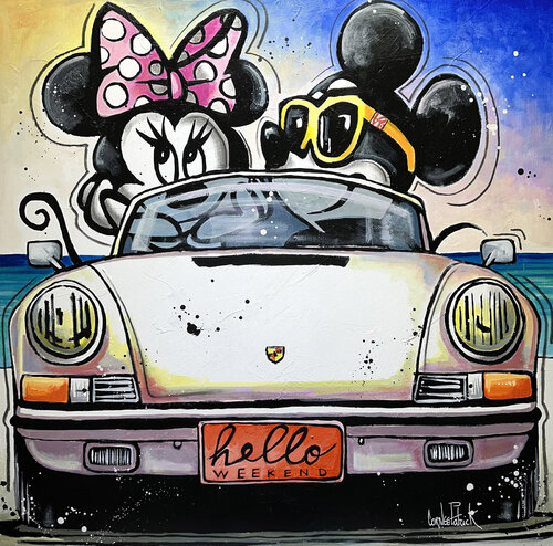Minnie et Mickey  Mouse voyagent en Porsche sur la Nationale 7 by Patrick Cornée, Painting for Sale on Select
