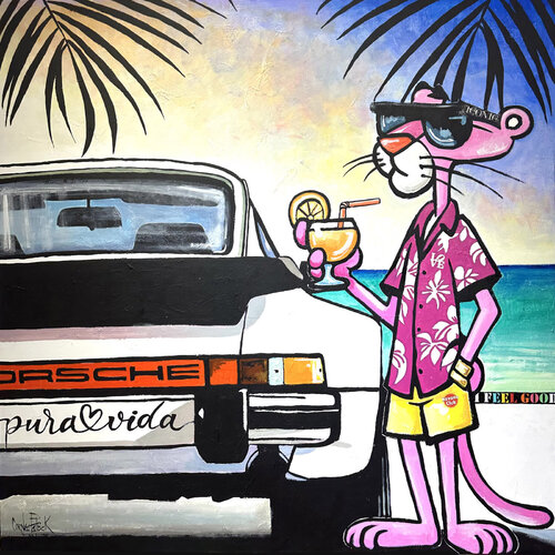 La Panthère rose en vacance avec sa Porsche by Patrick Cornée, Painting for Sale on Select