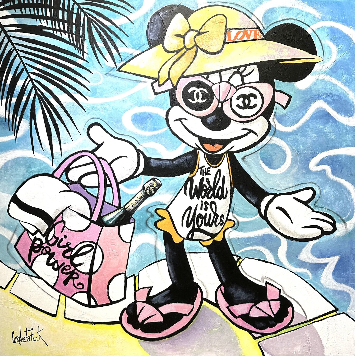 Minnie Mouse, hotel, pool, champagne and sunbathing Patrick Cornée Original painting for sale