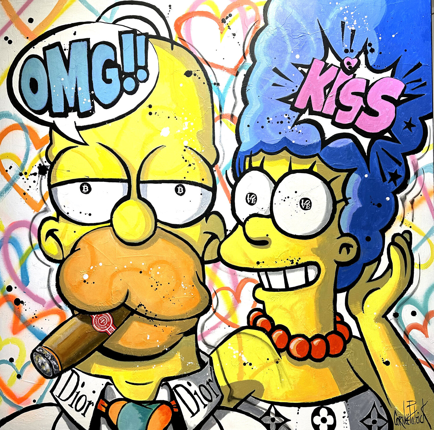 Homer et Marge Simpson, icône pop de la mode Patrick Cornée Original painting for sale