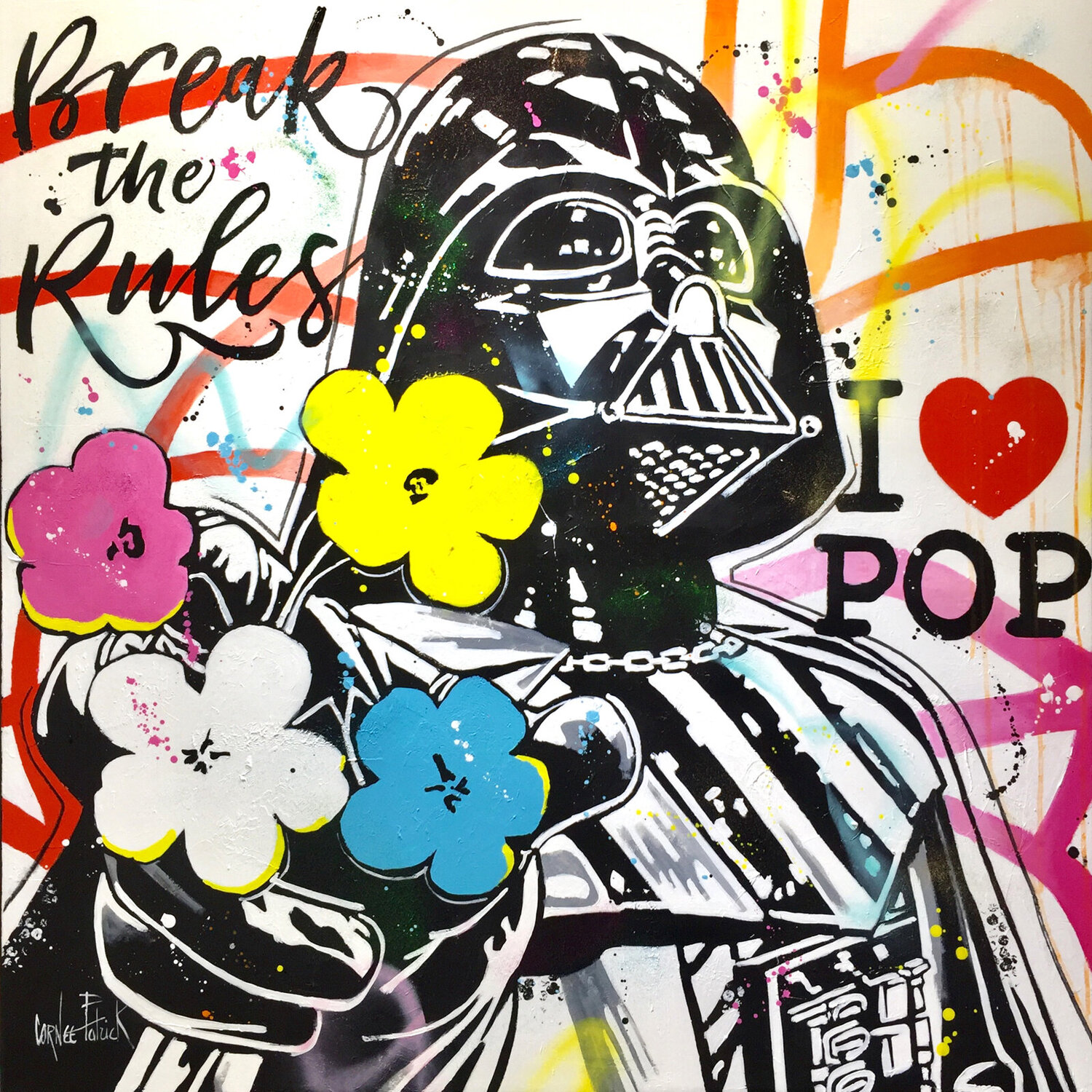 Dark Vador loves Andy Warhol's flowers Patrick Cornée Original painting for sale