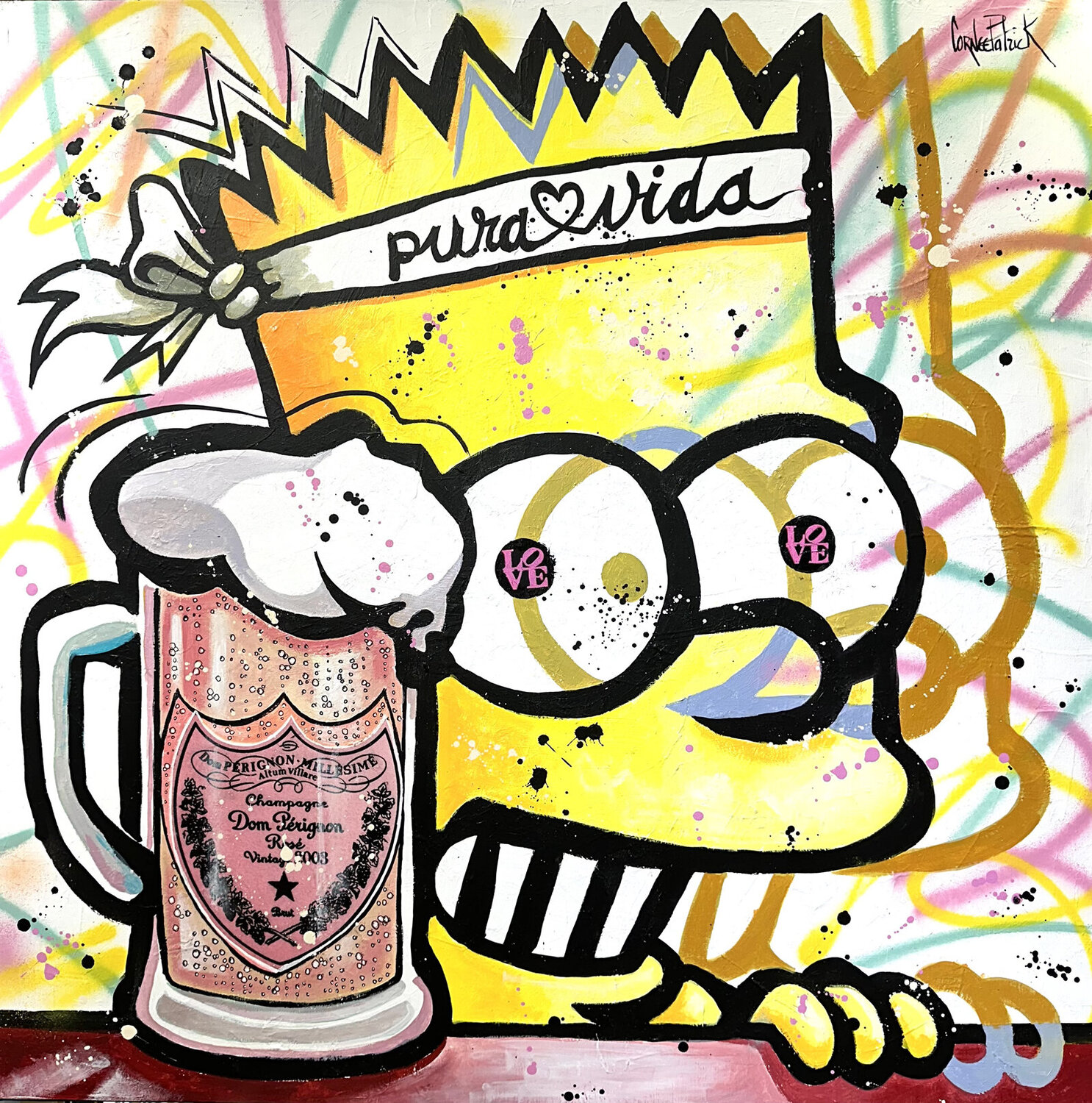 Bart Simpson, loves Don Pérignon rosé champagne Patrick Cornée Original painting for sale