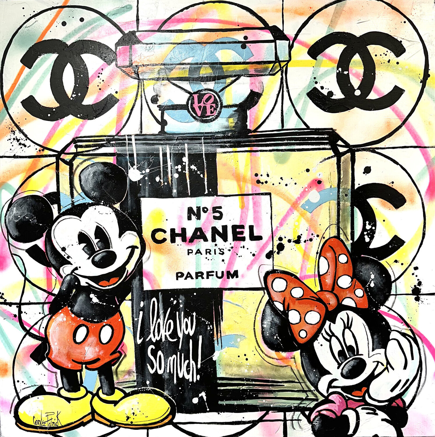Mickey offre à Minnie le parfum Chanel n°5 Patrick Cornée Original painting for sale