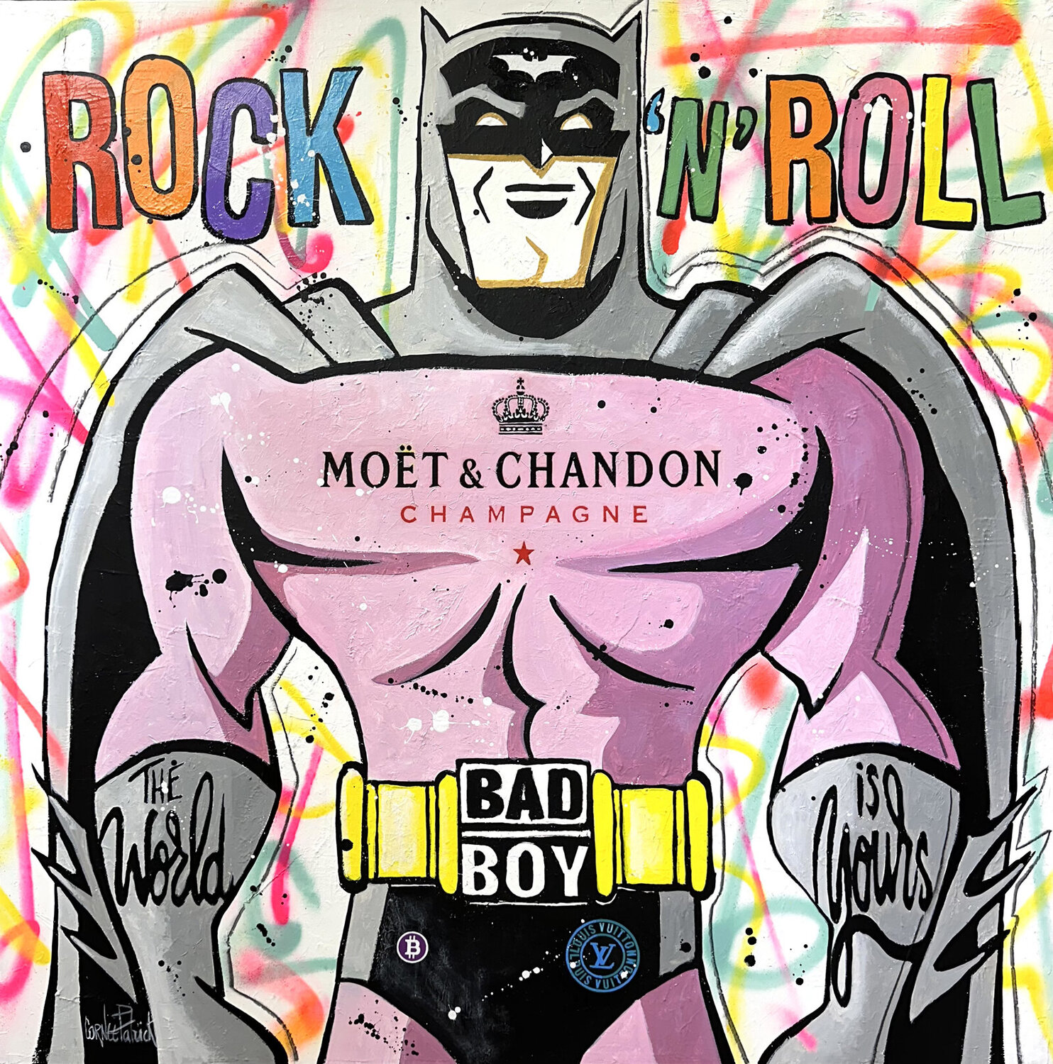 Batman aime le champagne Moët et Chandon Patrick Cornée Original painting for sale