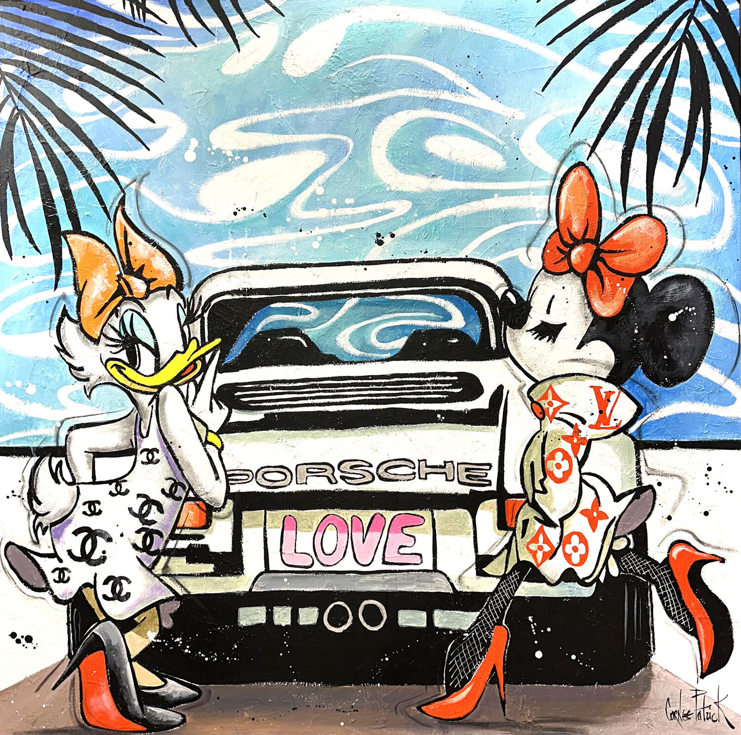 Minnie Mouse and Daisy Duck on holiday in Miami Beach Patrick Cornée Original painting for sale