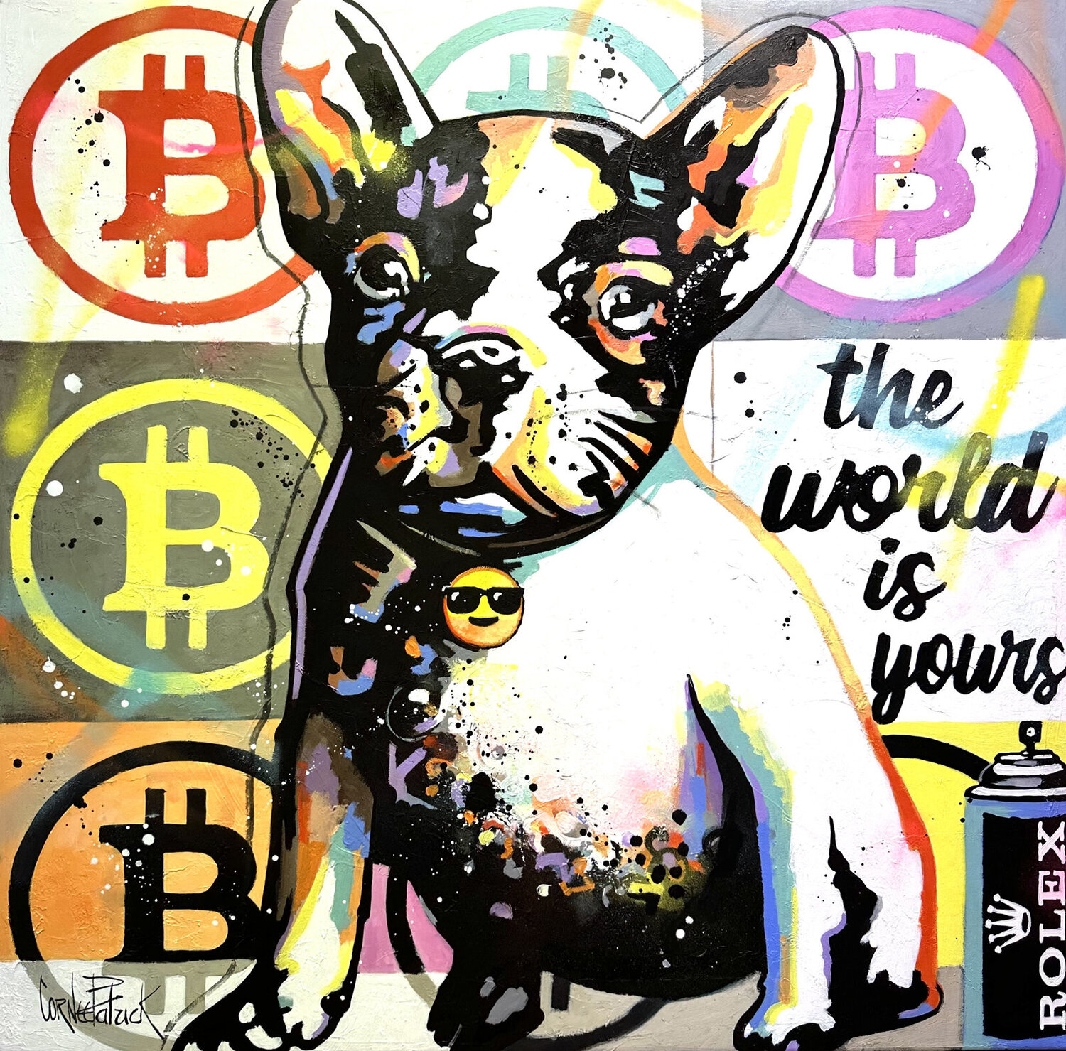 My French Bulldog loves Rolex and Bitcoins Patrick Cornée Original painting for sale