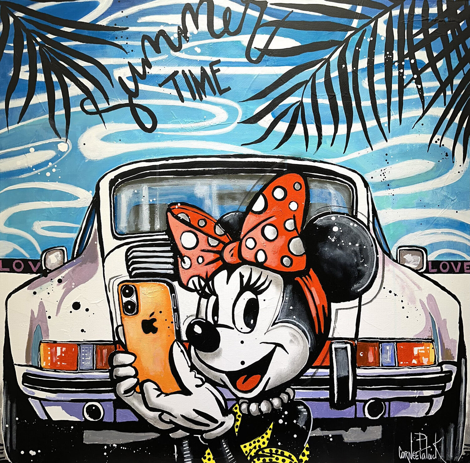 Minnie Mouse fait un selfie devant sa Porsche Patrick Cornée Original painting for sale