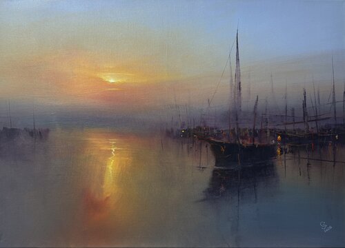 Harbor in the evening calm von Ivan Grozdanovski, Malerei kaufen auf Select