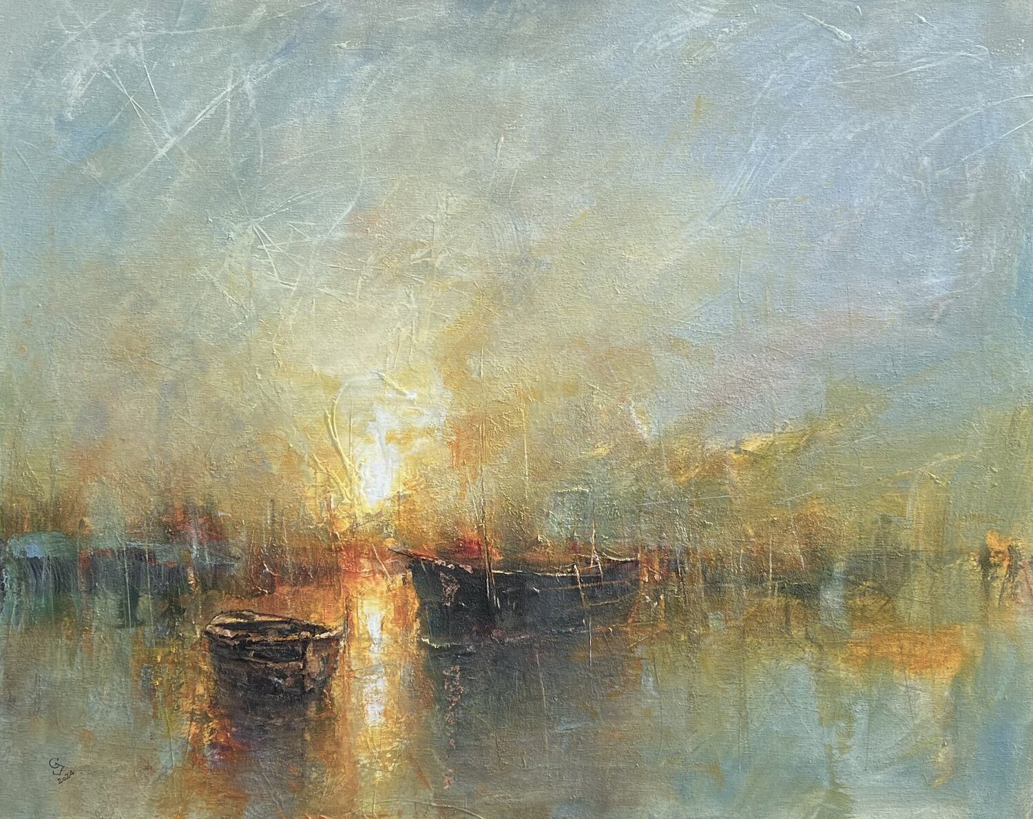 Harbor of destroyed dreams - The flame of a new day Ivan Grozdanovski Original painting for sale