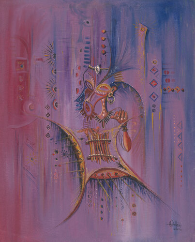 Sanza Player surreal painting of African musician by Angu Walters, Painting for Sale on Select
