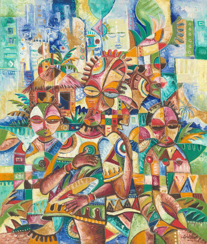 Welcome painting of an African village by Angu Walters, Painting for Sale on Select