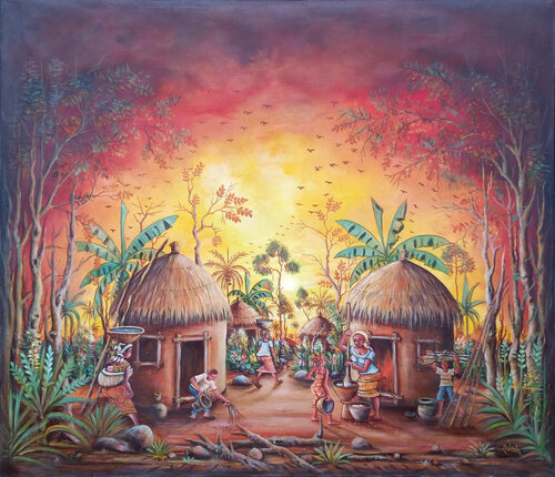 In the Village a painting from Africa by Angu Walters, Painting for Sale on Select