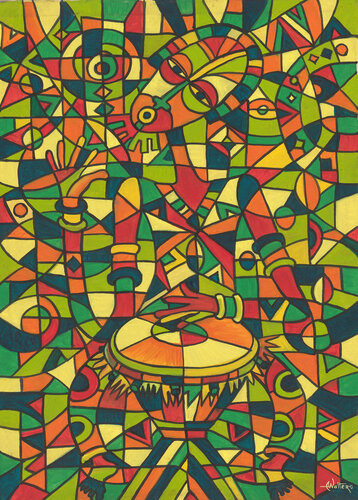 Play the Drum IV - Painting of African music by Angu Walters, Painting for Sale on Select