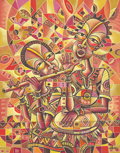 The Drummer and the Flutist III painting of African music by Angu Walters, Painting for Sale on Select