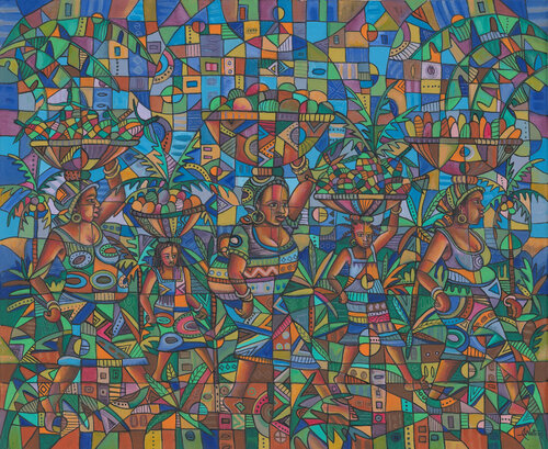 To the Market 5 African women and girls by Angu Walters, Painting for Sale on Select