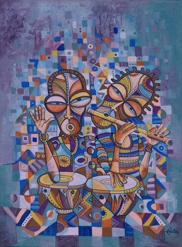 The Drummer and Flutist 4 painting from Africa by Angu Walters, Painting for Sale on Select