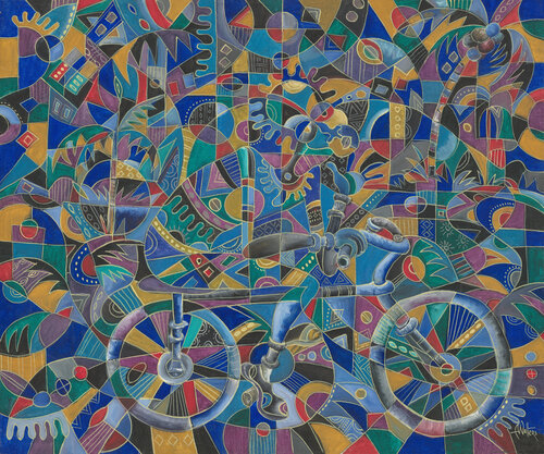 The Last Cyclist a painting from Africa by Angu Walters, Painting for Sale on Select